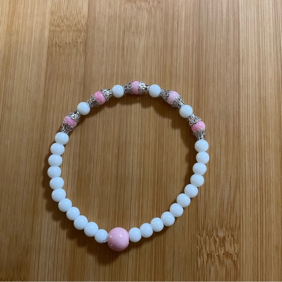 Hand Crafted Breast Cancer Awareness Bracelet Set Beaded Stretch 7.5 inches - Picture 3 of 12